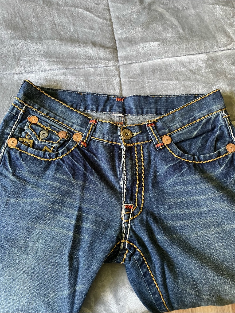 True Religion Men's Dark Blue Bootcut Jeans with Contrast Yellow Stitching